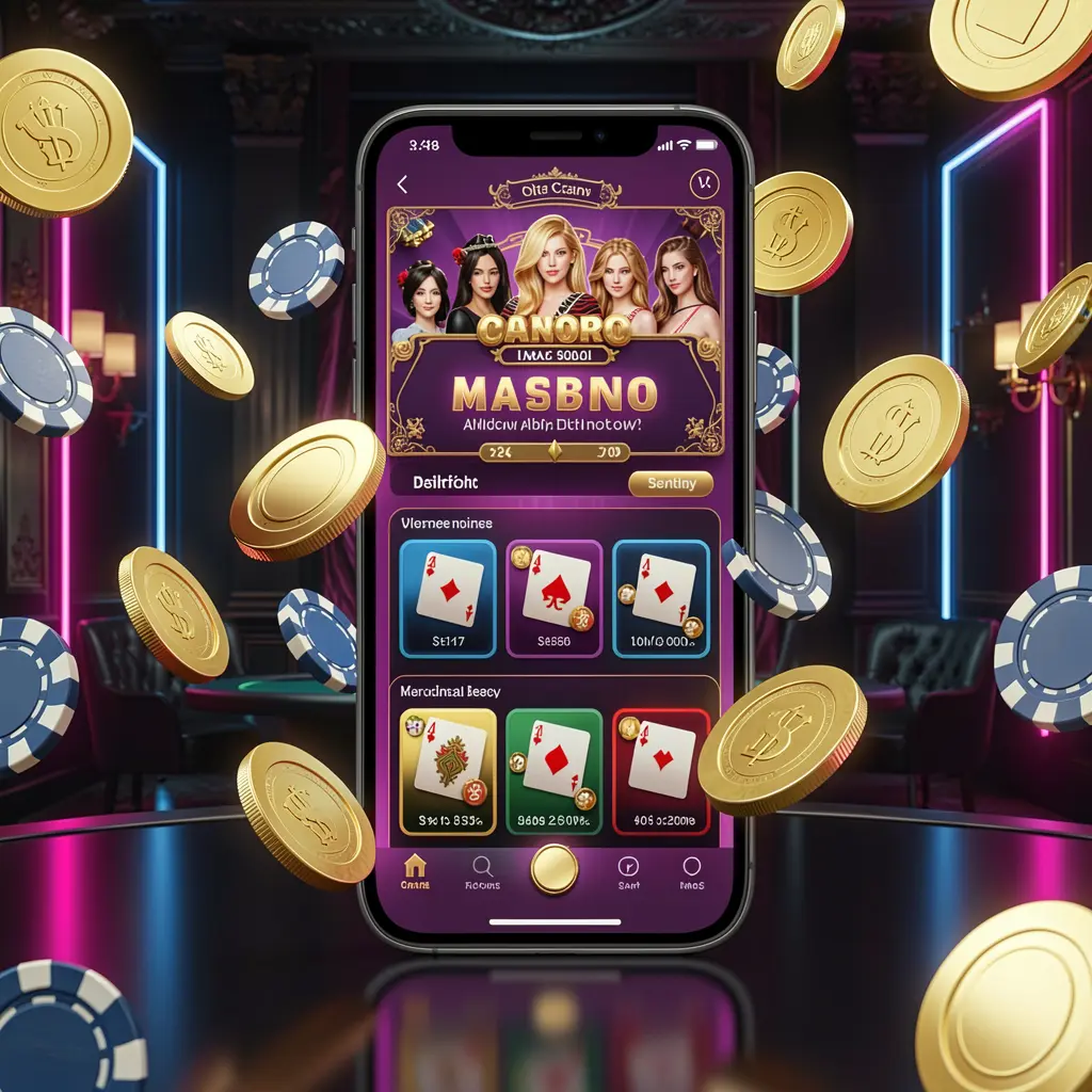 899k online casino mobile app hero banner featuring a modern smartphone with glowing casino interface, golden coins and poker chips flying around against a dark luxury background with neon accents