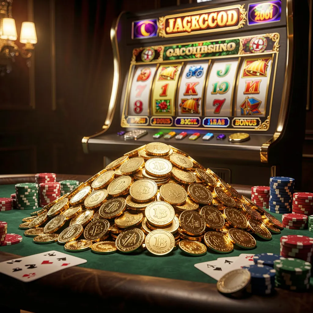 899k online casino jackpot bonus scene featuring a massive pile of golden coins, a slot machine in the background with glowing jackpot lights, poker chips and playing cards on a luxury table under dramatic cinematic lighting