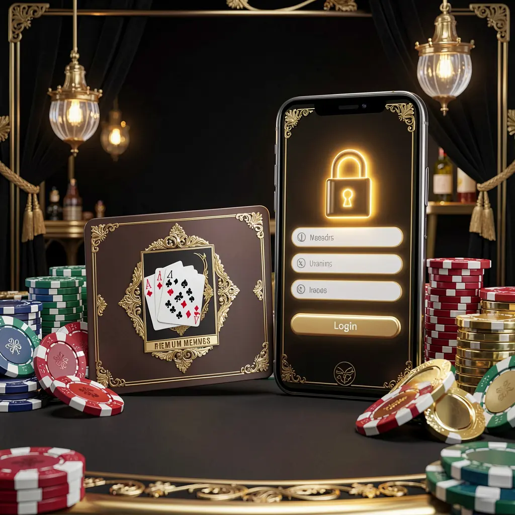 899k casino member login concept showing a premium membership card beside a smartphone with a glowing lock symbol, poker chips, and coins on a black and gold luxury background in a realistic 3D illustration