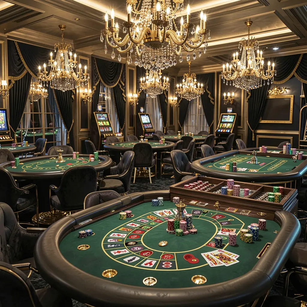 899k luxury online casino lobby with glowing roulette tables, golden lights, poker chips, and cards in a premium black and gold design